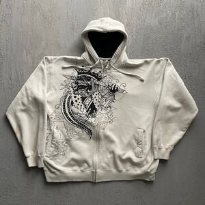 Vintage Graphic Print Zip Up Hoodie Mens XXL White Y2K Avirex